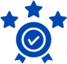 Blue badge with checkmark and three stars.