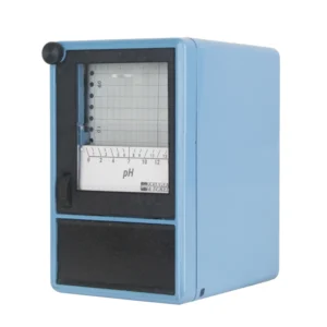 Vintage blue analog meter with dial and scale.