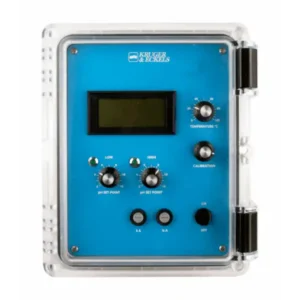 Blue electronic device with display and control knobs in a transparent case.