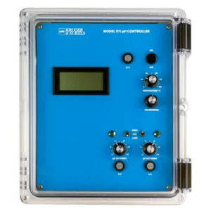 Blue industrial control panel with display and knobs.