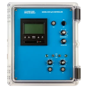 Blue industrial control panel with digital display and knobs.